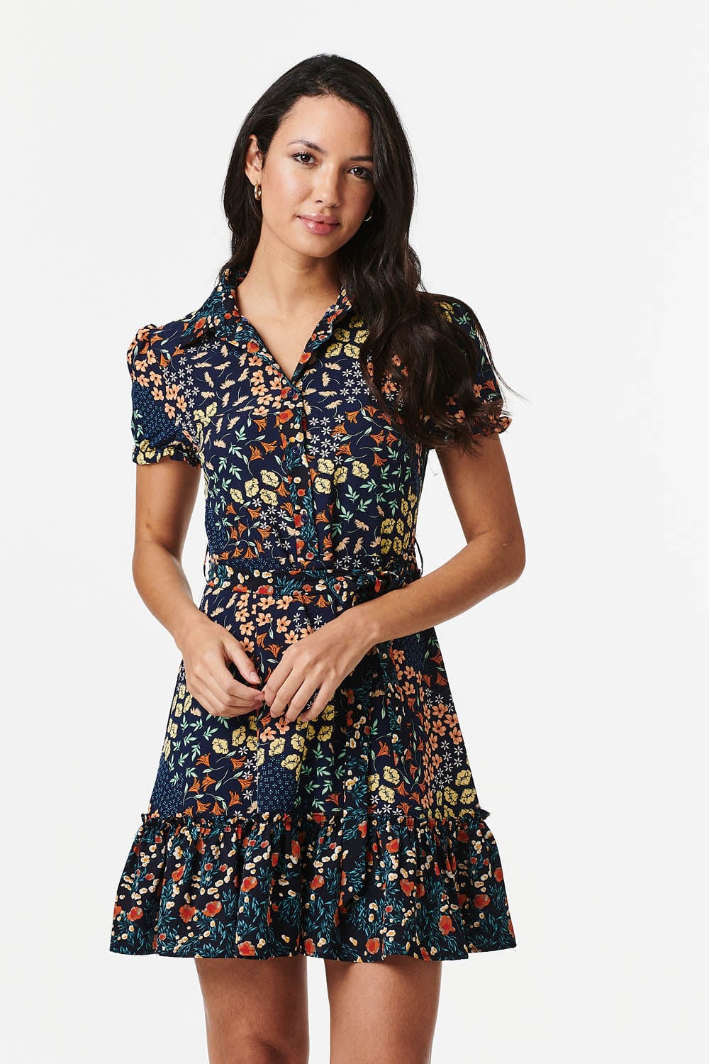 Navy | Floral Mini Tiered Shirt Dress
