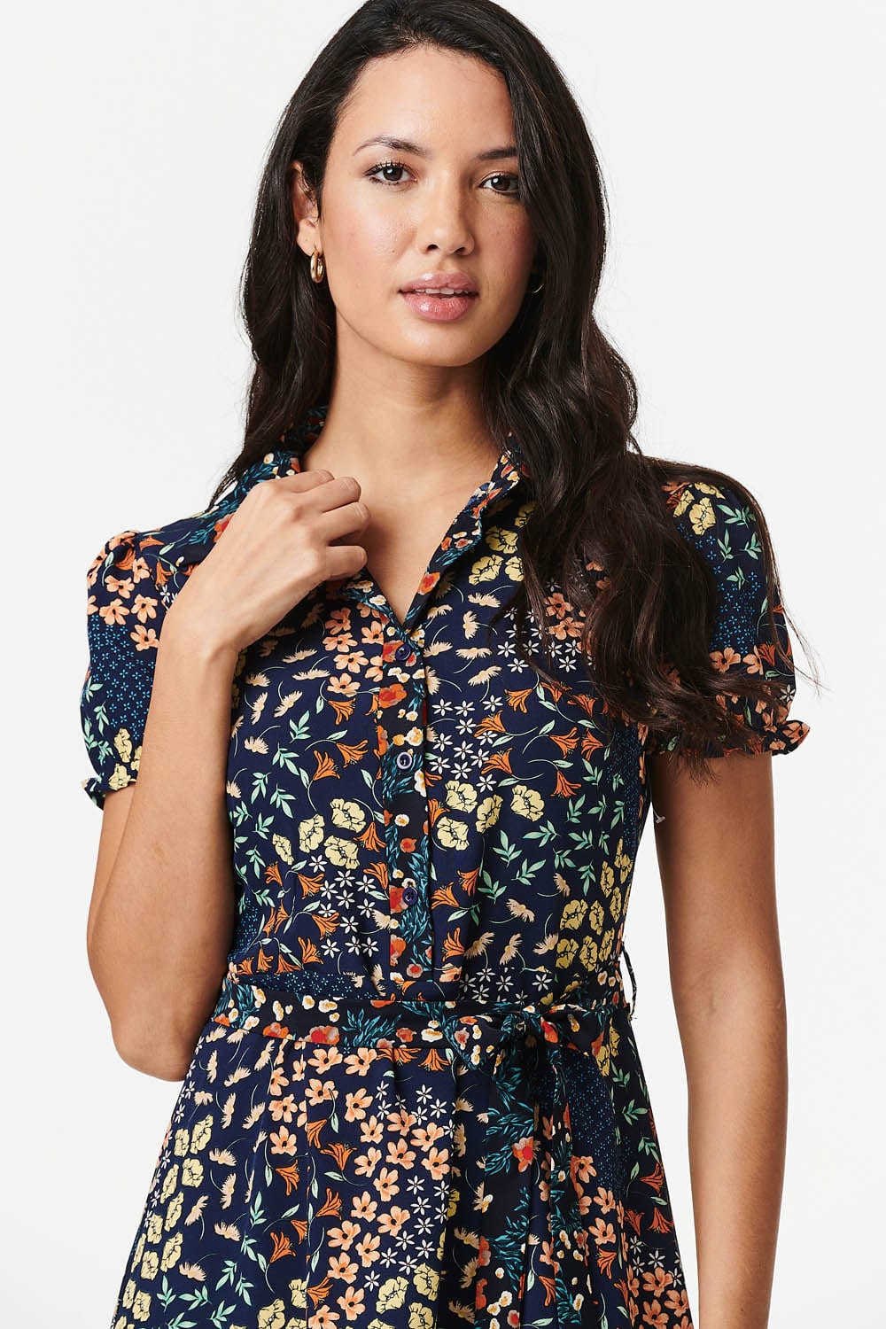 Navy | Floral Mini Tiered Shirt Dress
