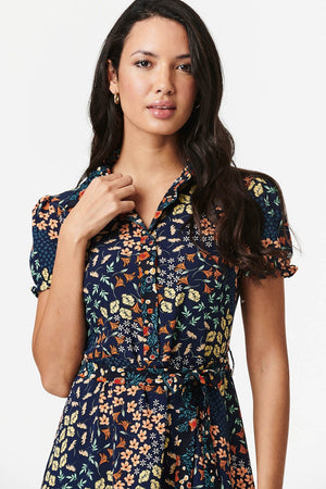 Navy | Floral Mini Tiered Shirt Dress