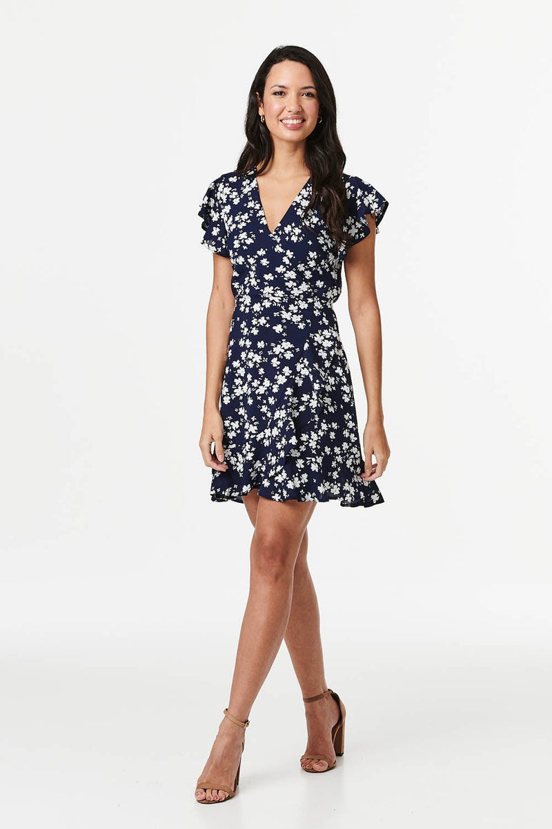 Navy | Floral Cap Sleeve Wrap Dress