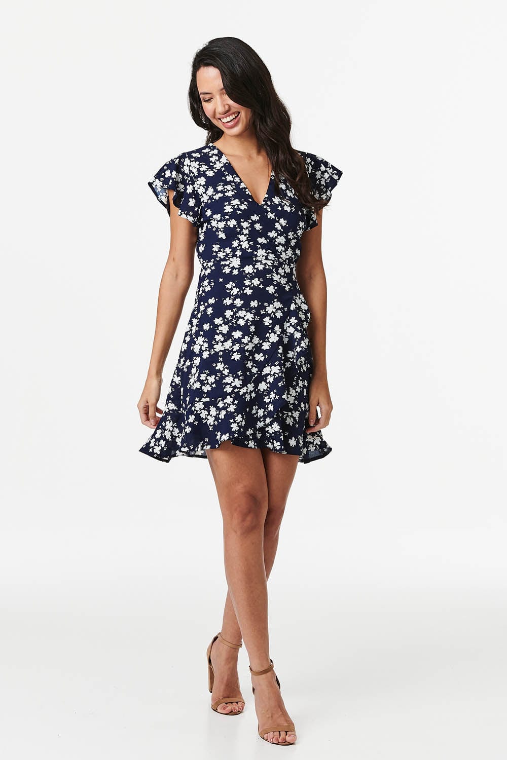 Navy | Floral Cap Sleeve Wrap Dress