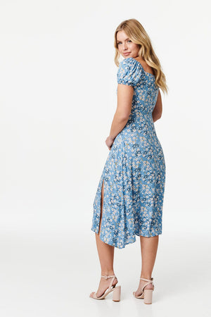 Blue | Ditsy Floral Fit & Flare Midi Dress