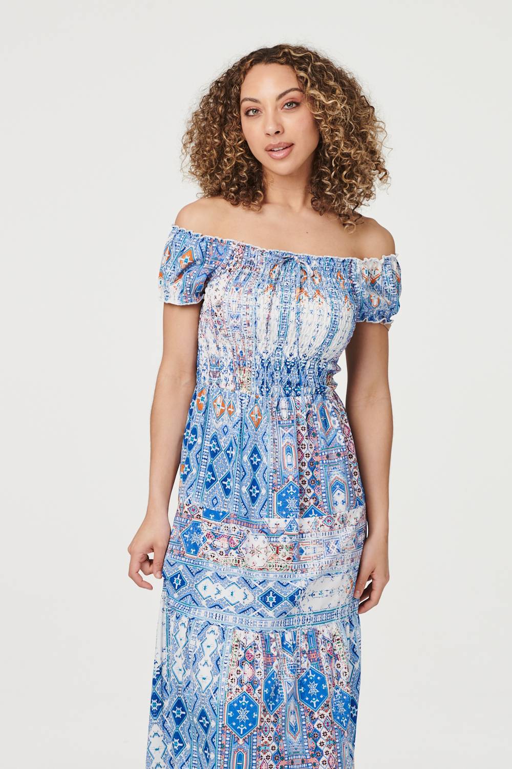 Blue | Boho Print Bardot Maxi Dress