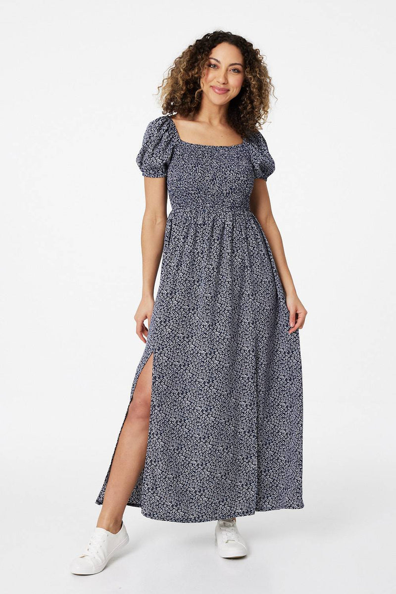 Navy | Ditsy Floral Puff Sleeve Maxi Dress