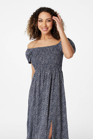 Navy | Ditsy Floral Puff Sleeve Maxi Dress