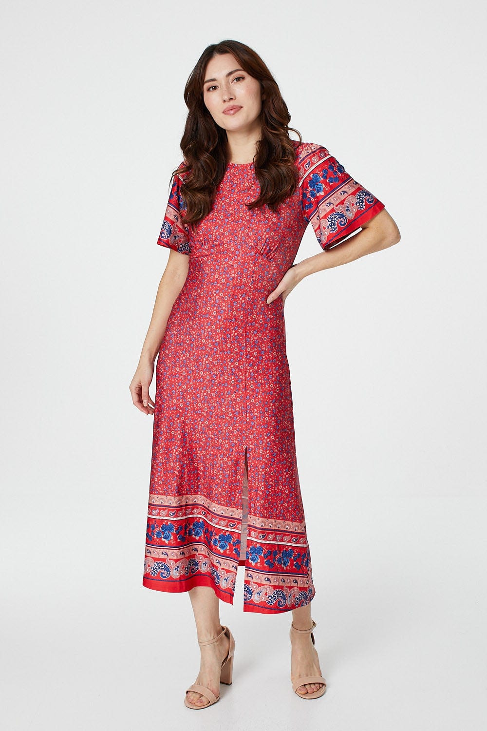 Red | Ditsy Floral Midi Tea Dress