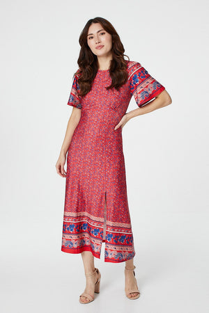 Red | Ditsy Floral Midi Tea Dress