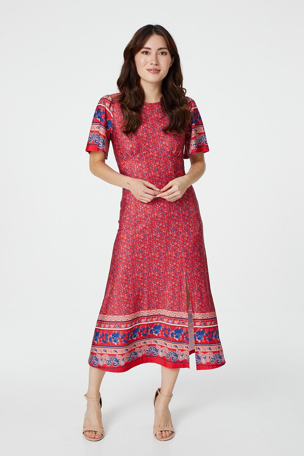 Red | Ditsy Floral Midi Tea Dress