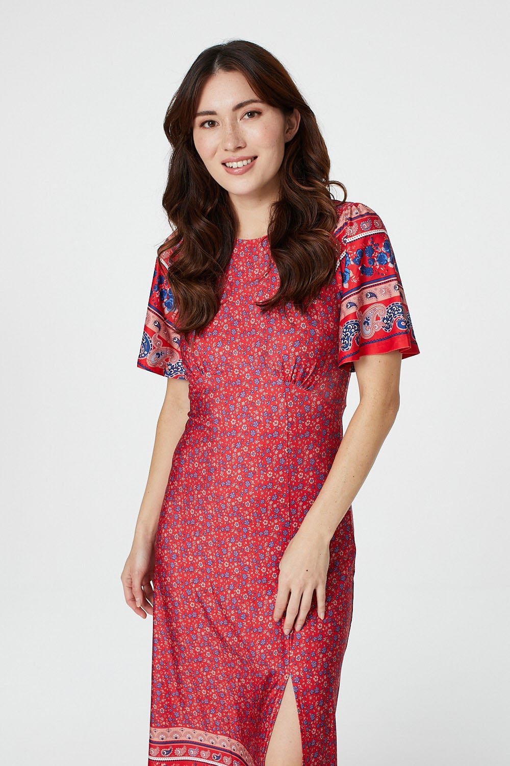 Red | Ditsy Floral Midi Tea Dress