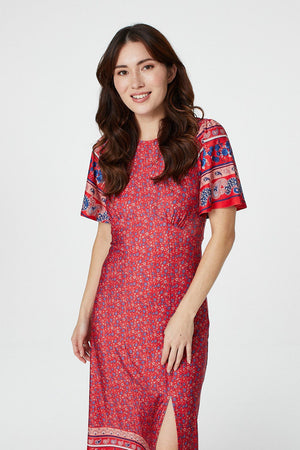 Red | Ditsy Floral Midi Tea Dress