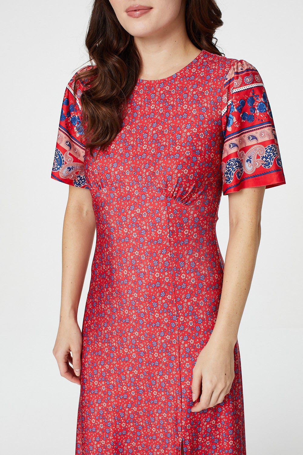 Red | Ditsy Floral Midi Tea Dress