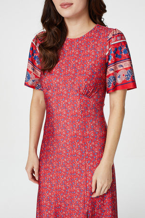 Red | Ditsy Floral Midi Tea Dress