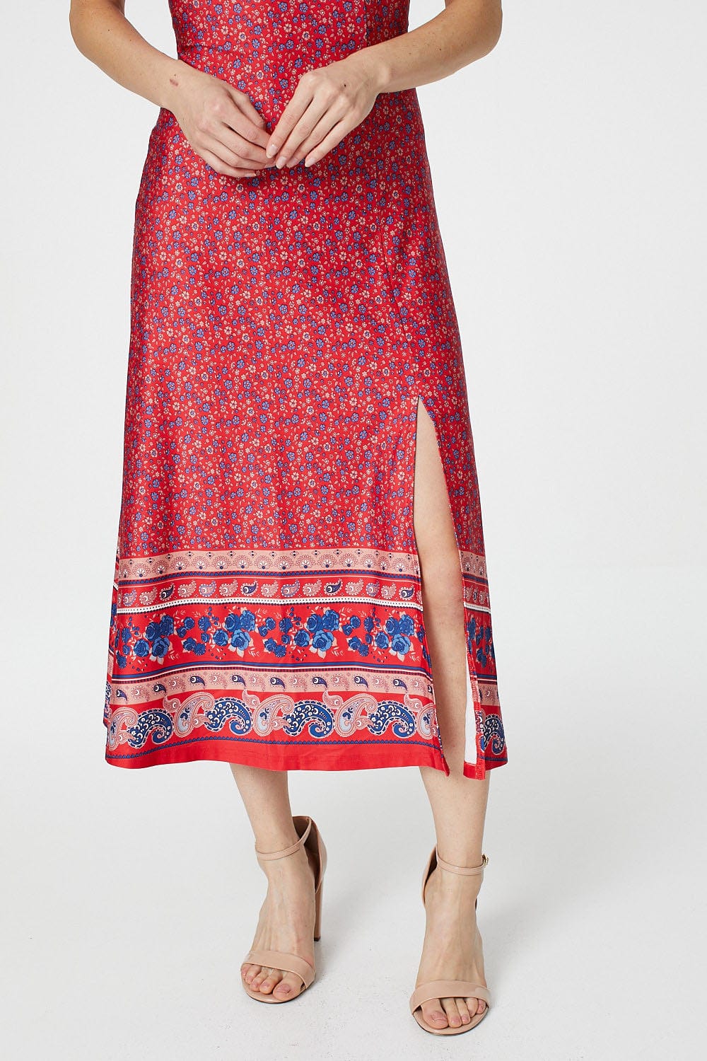 Red | Ditsy Floral Midi Tea Dress