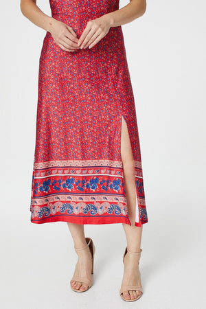 Red | Ditsy Floral Midi Tea Dress