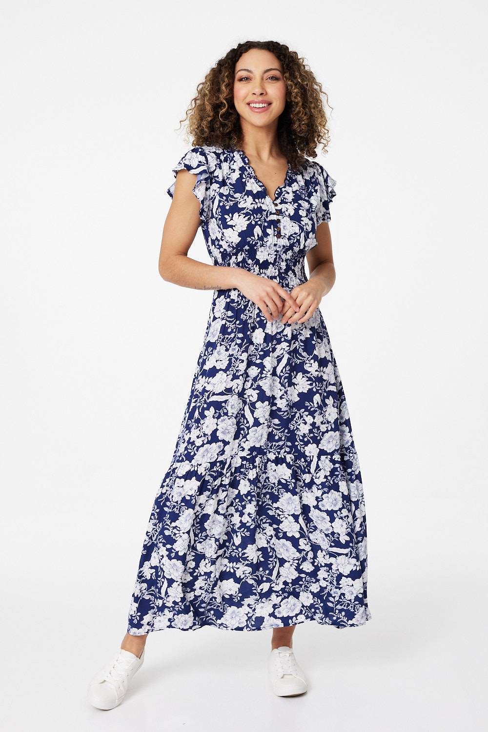 Navy | Floral Cap Sleeve Maxi Dress