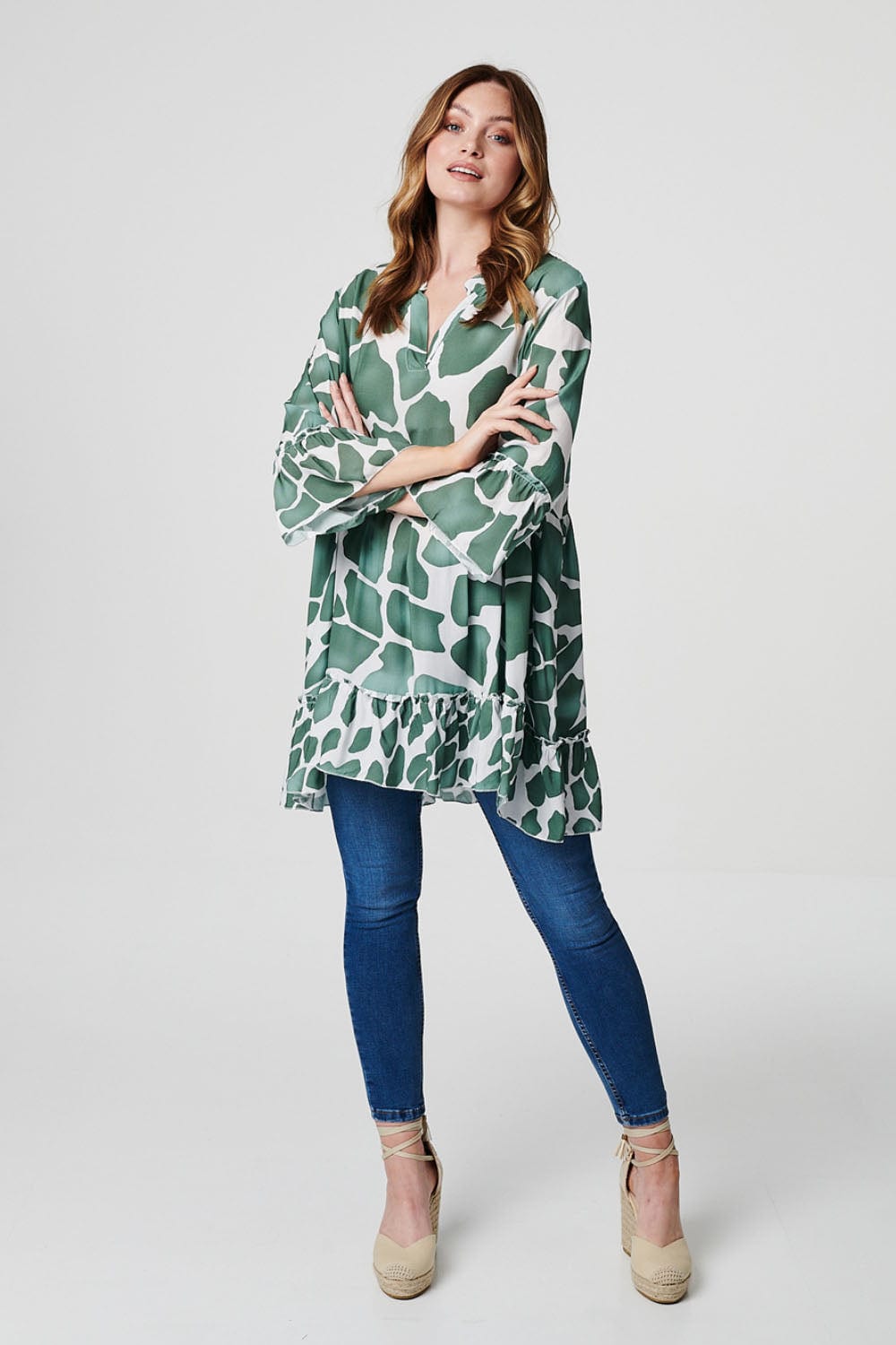 Khaki | Printed Tiered Short Smock Dress