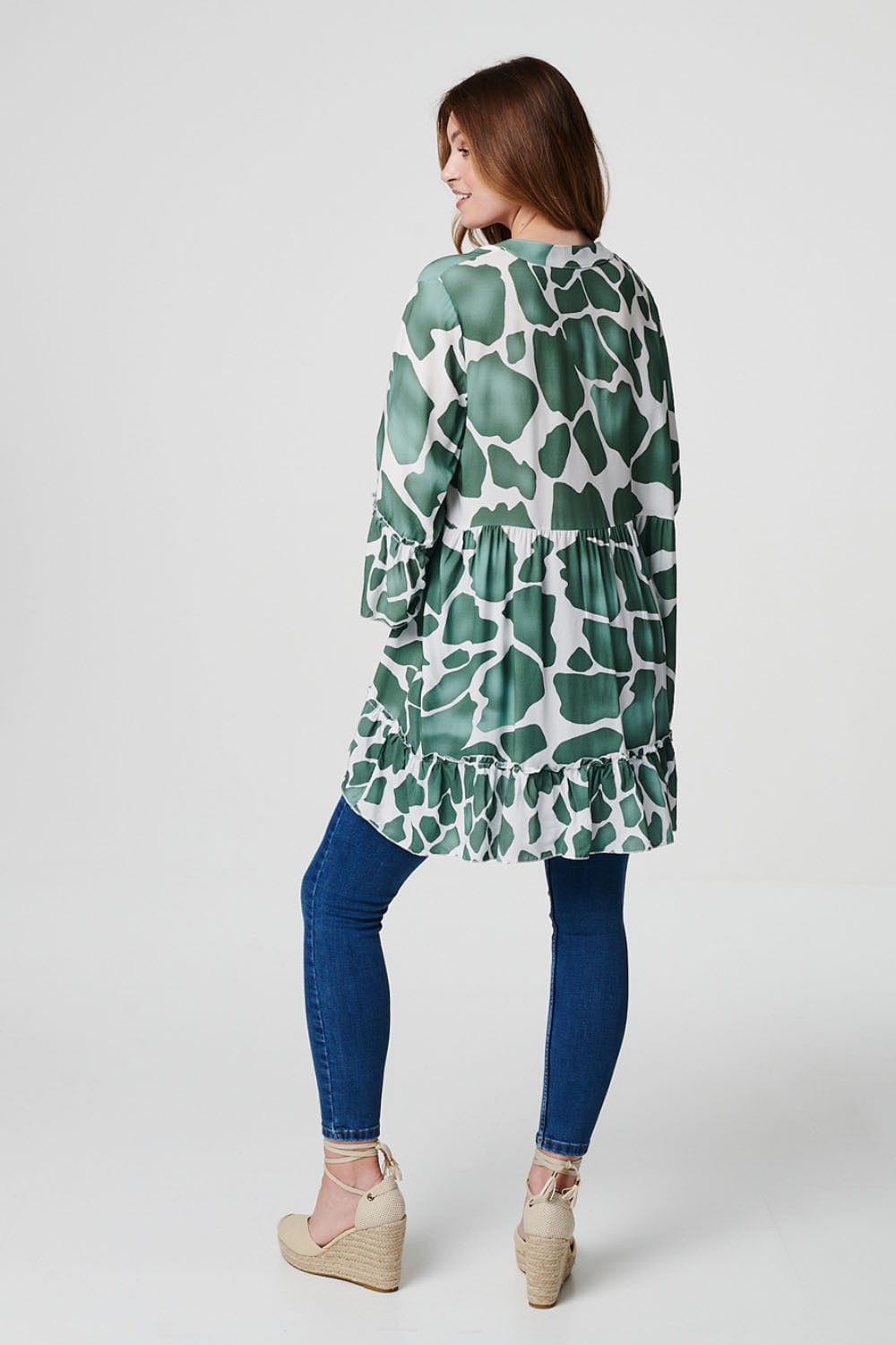 Khaki | Printed Tiered Short Smock Dress