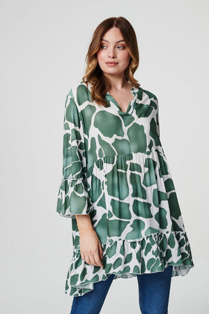 Khaki | Printed Tiered Short Smock Dress