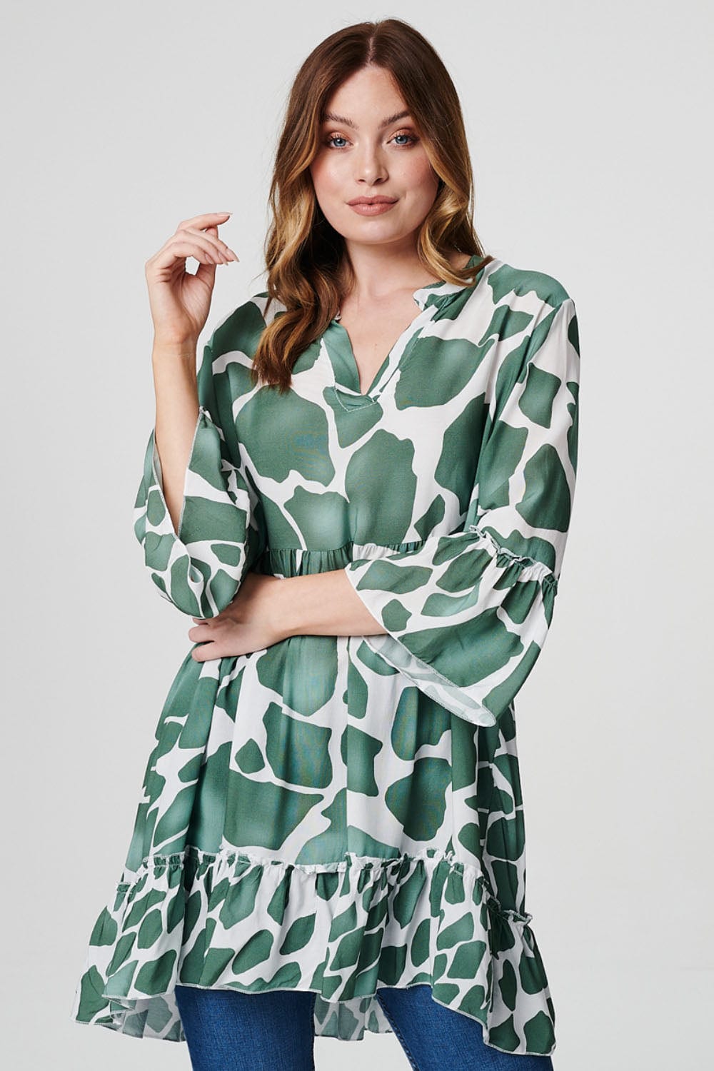 Khaki | Printed Tiered Short Smock Dress