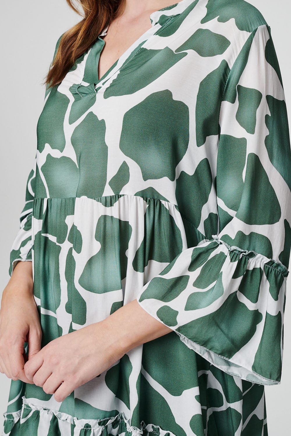 Khaki | Printed Tiered Short Smock Dress