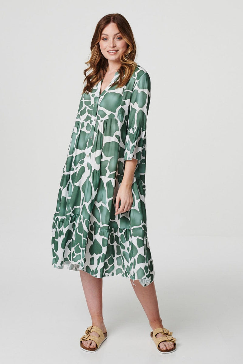 Khaki | Printed Tiered Midi Smock Dress