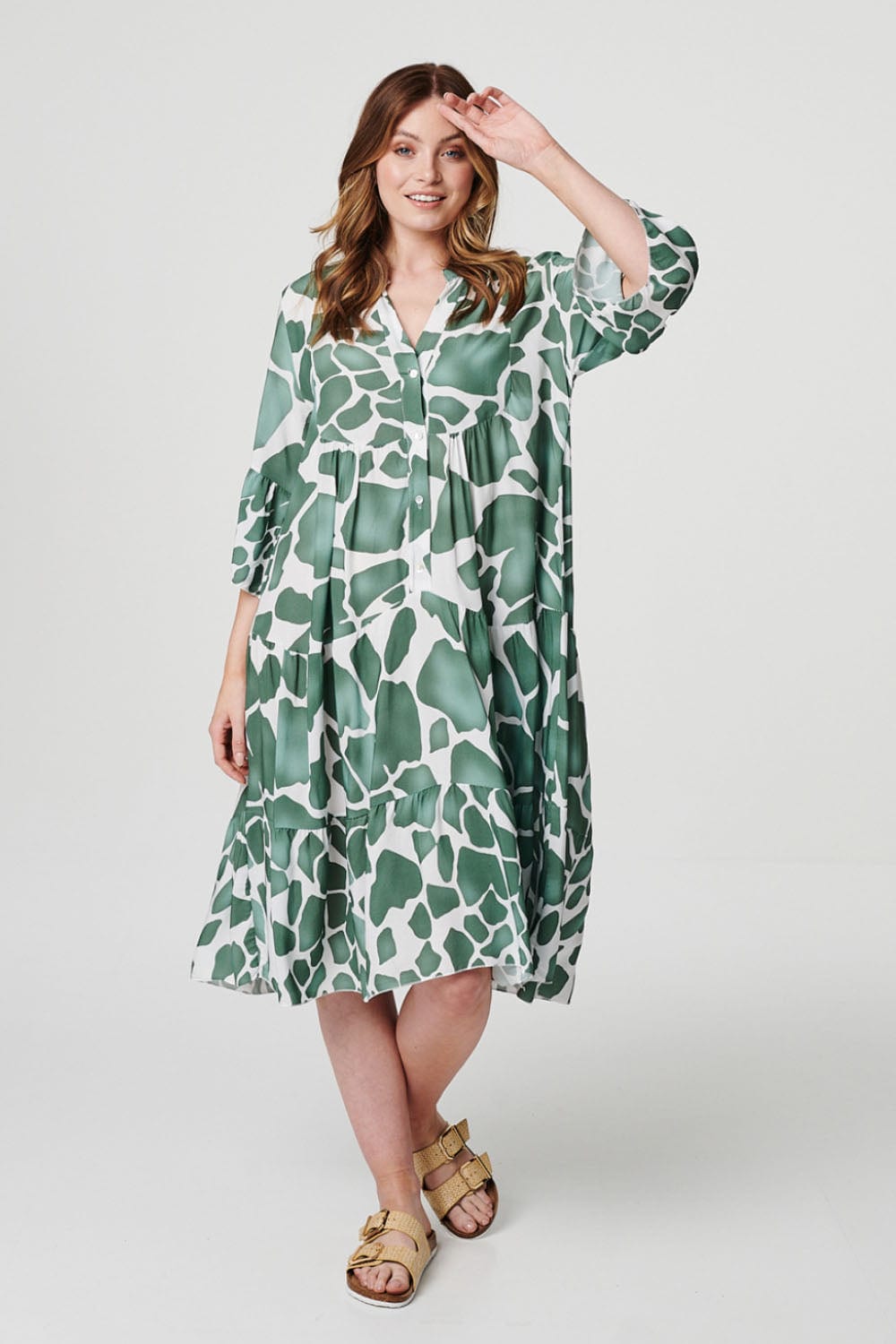 Khaki | Printed Tiered Midi Smock Dress