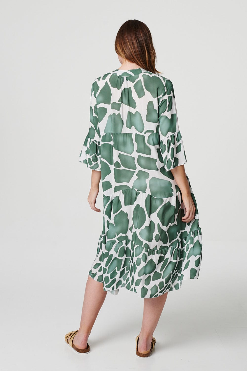 Khaki | Printed Tiered Midi Smock Dress