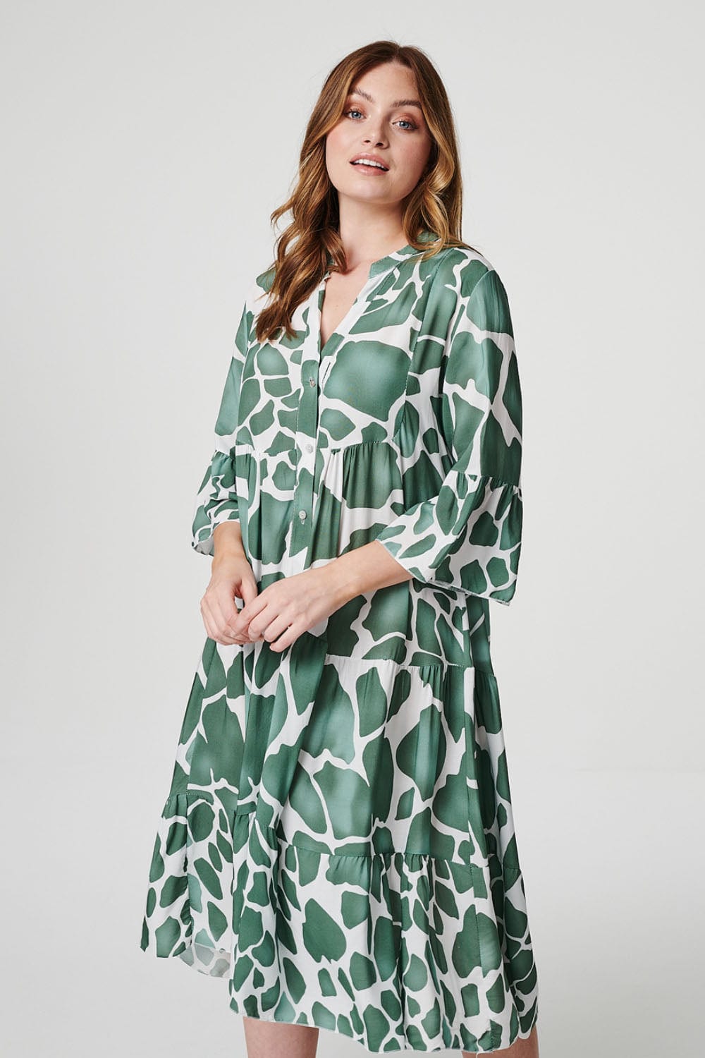 Khaki | Printed Tiered Midi Smock Dress