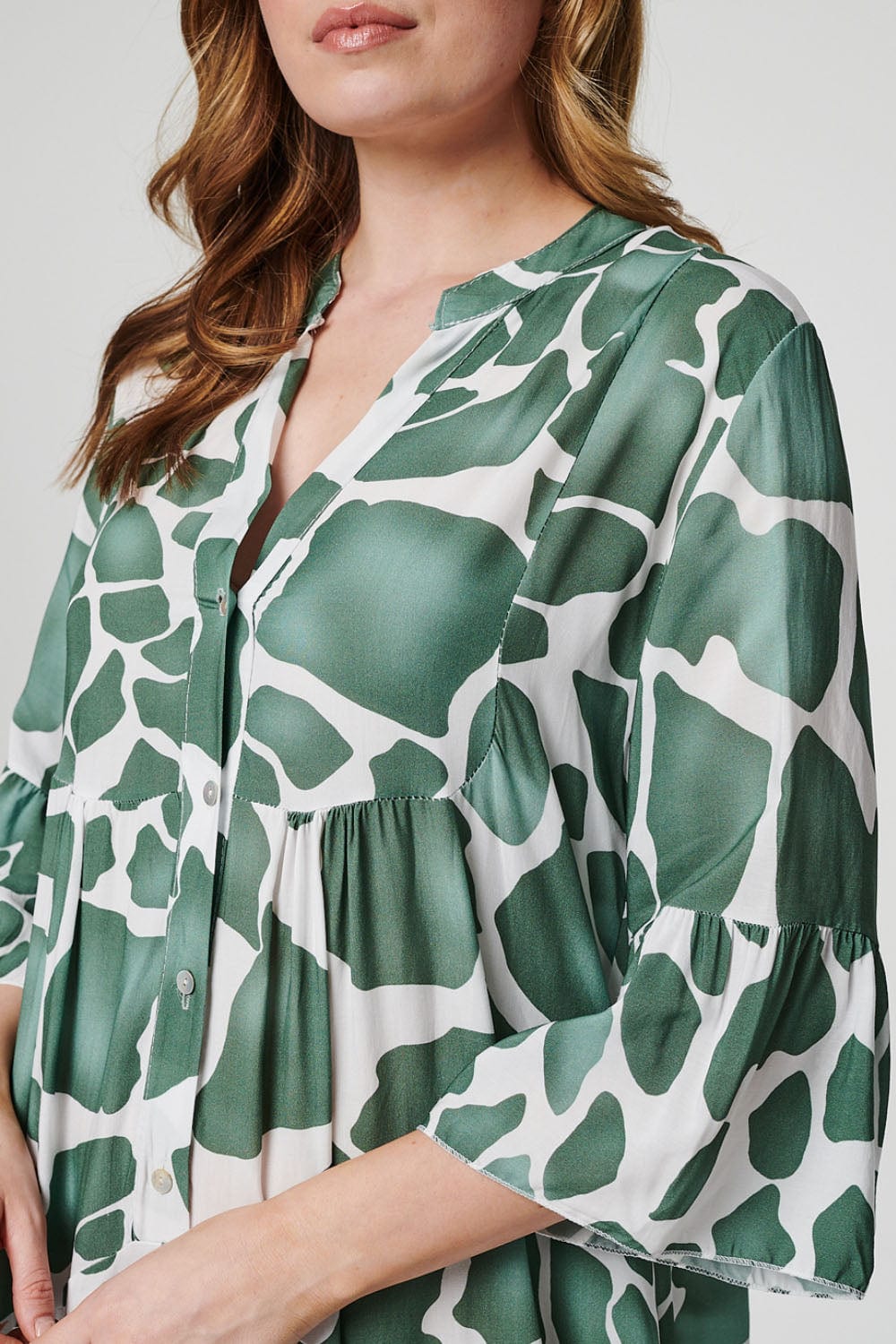 Khaki | Printed Tiered Midi Smock Dress