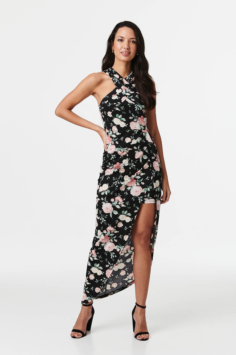 Black | Floral Criss Cross Neck Midi Dress