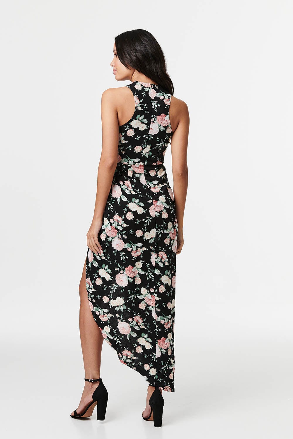 Black | Floral Criss Cross Neck Midi Dress