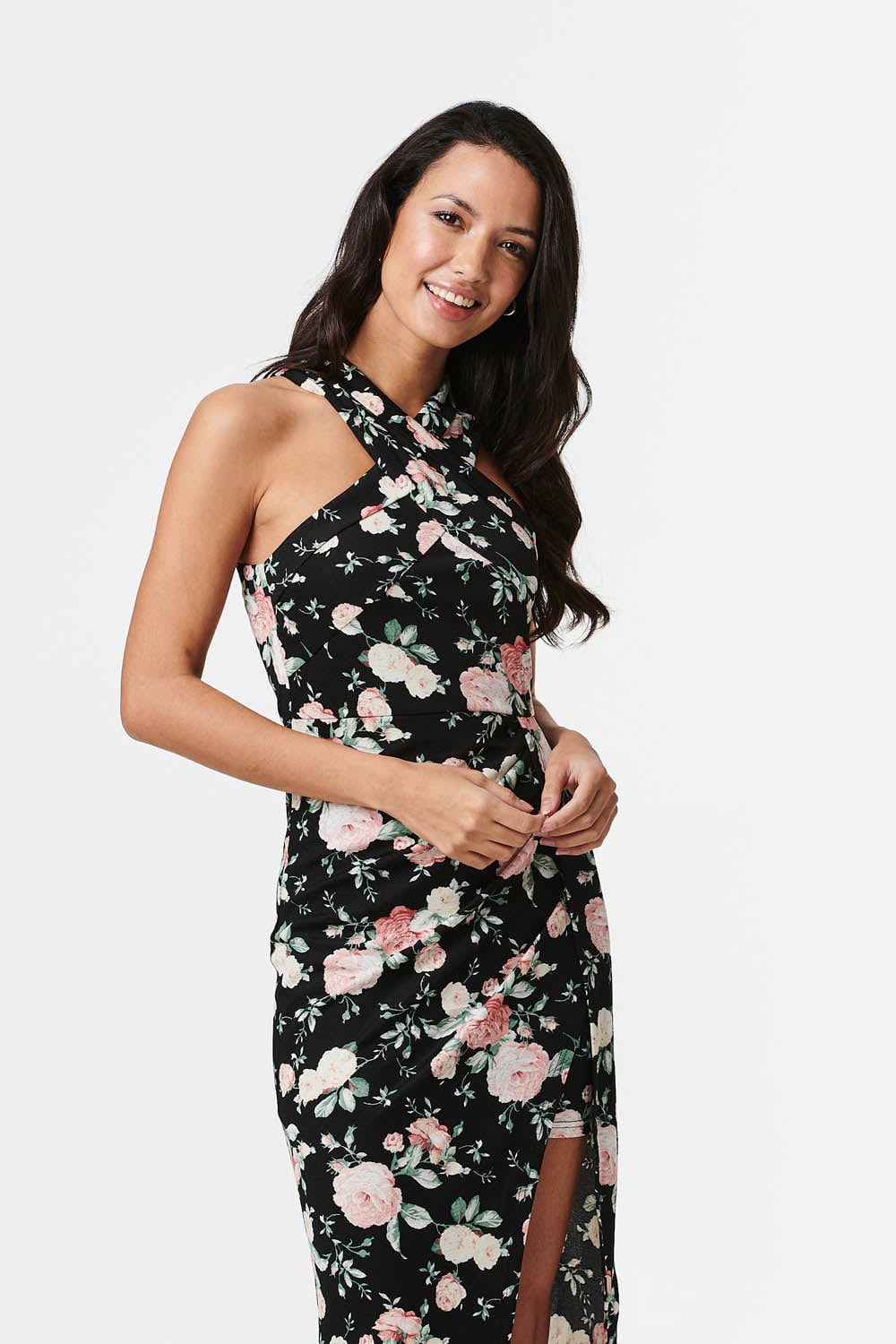 Black | Floral Criss Cross Neck Midi Dress