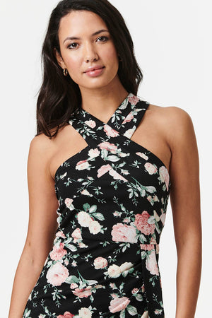 Black | Floral Criss Cross Neck Midi Dress