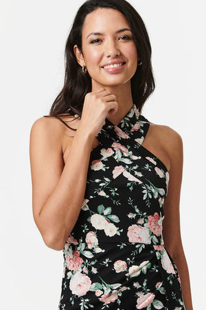 Black | Floral Criss Cross Neck Midi Dress