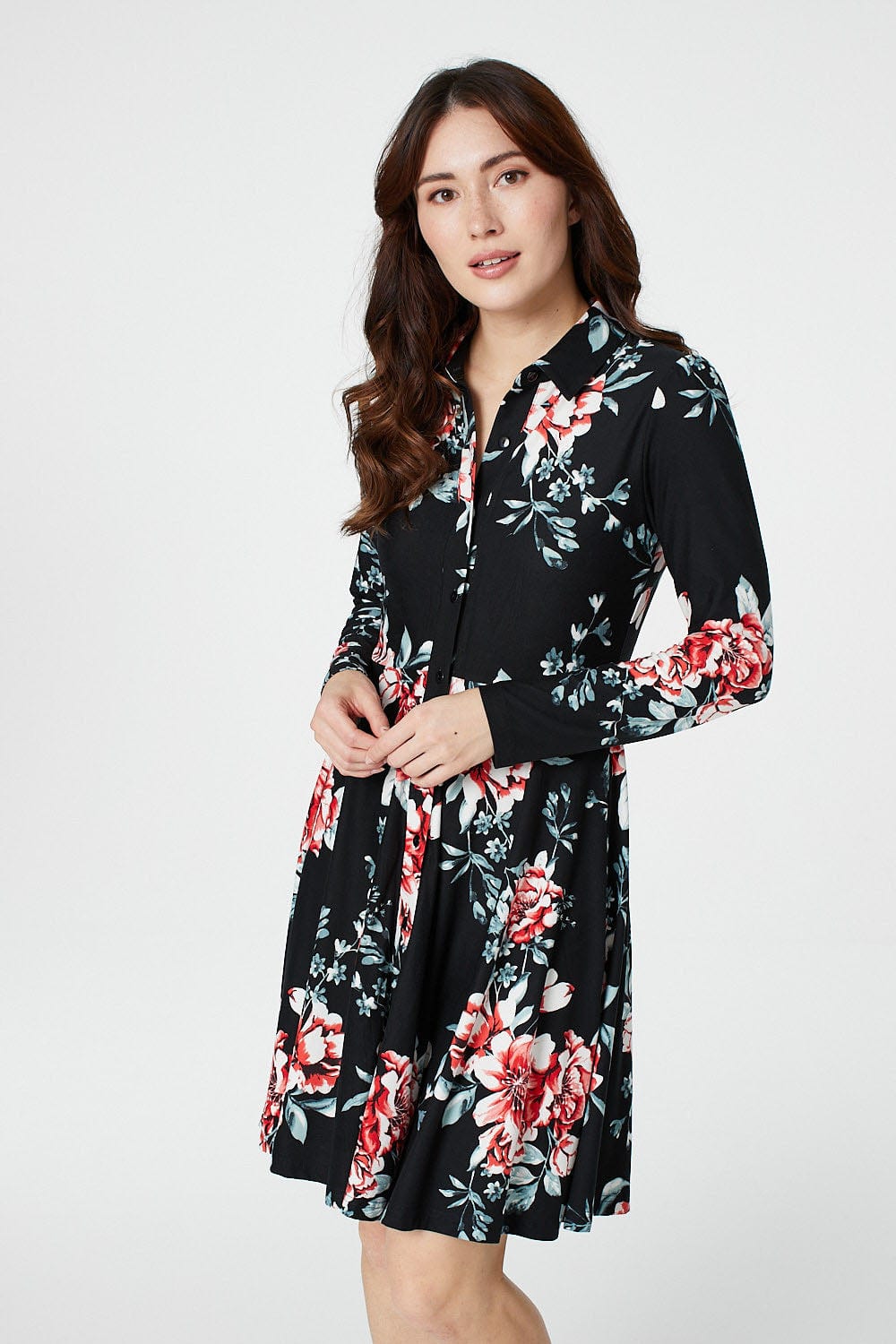 Black | Floral Long Sleeve Shirt Dress