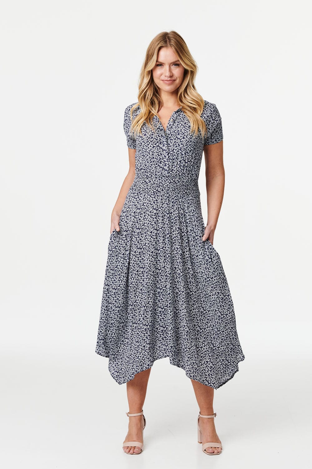 Navy | Ditsy Floral Hanky Hem Shirt Dress