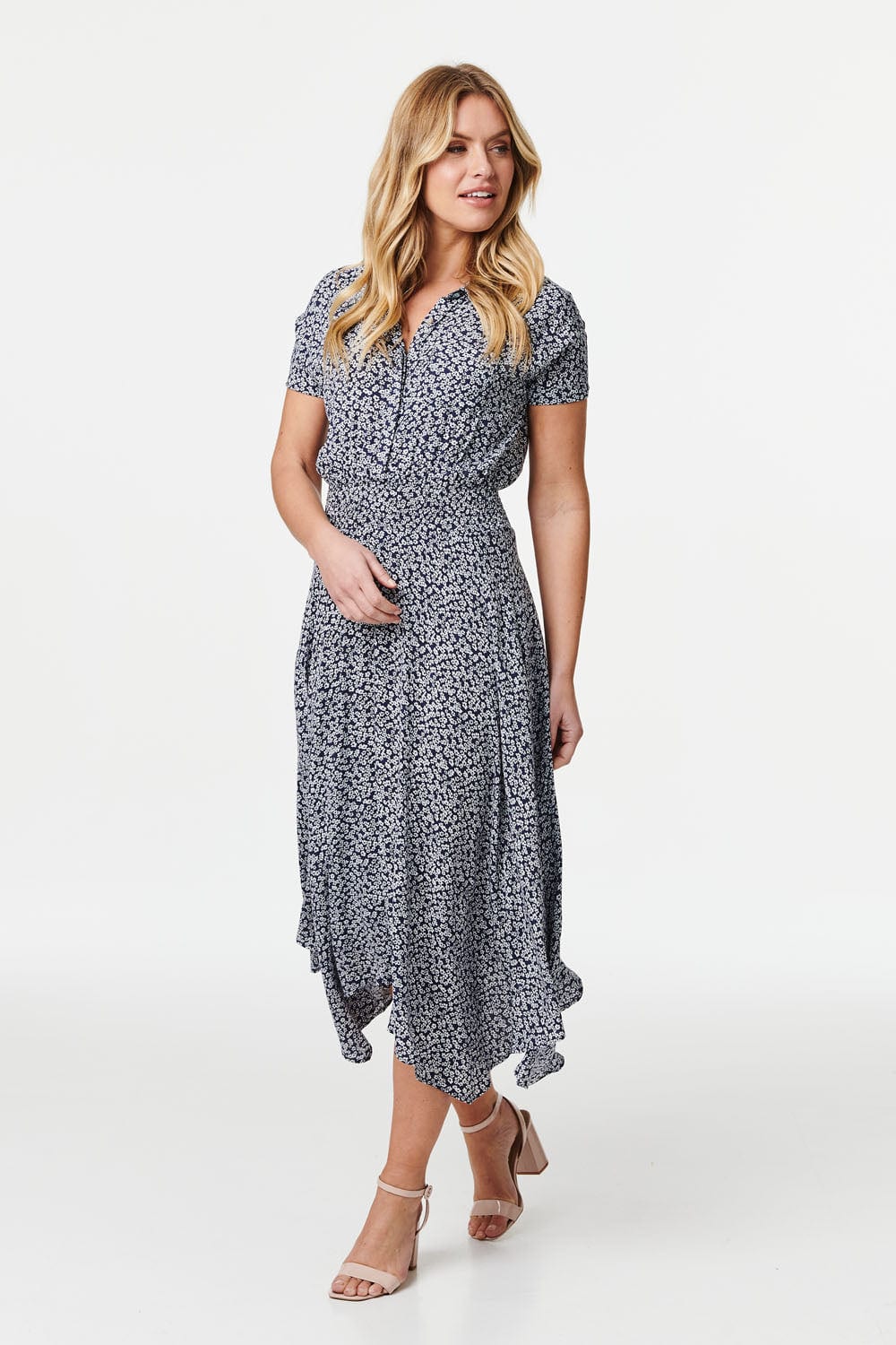 Navy | Ditsy Floral Hanky Hem Shirt Dress