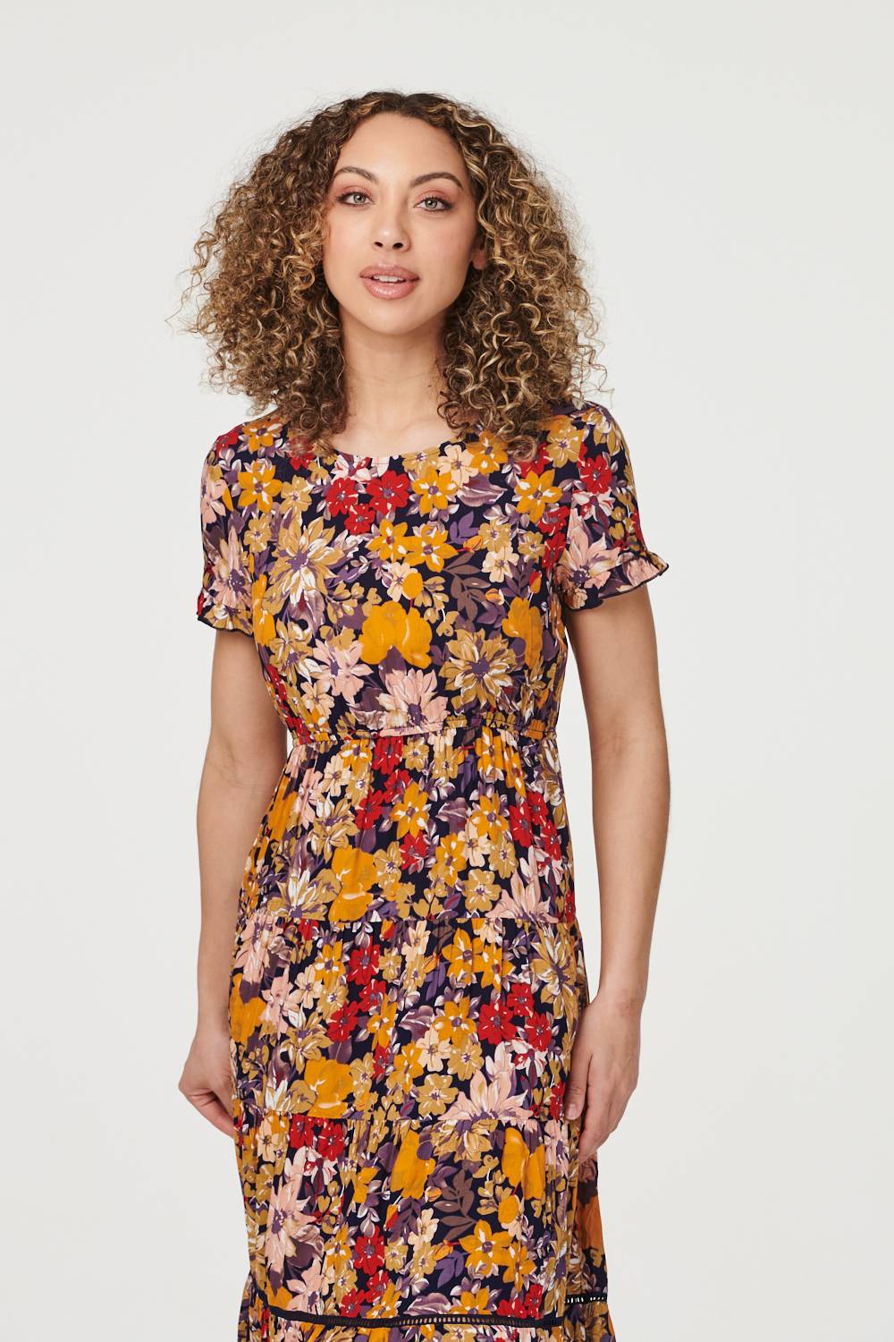 Navy | Retro Floral Short Sleeve Tea Dress