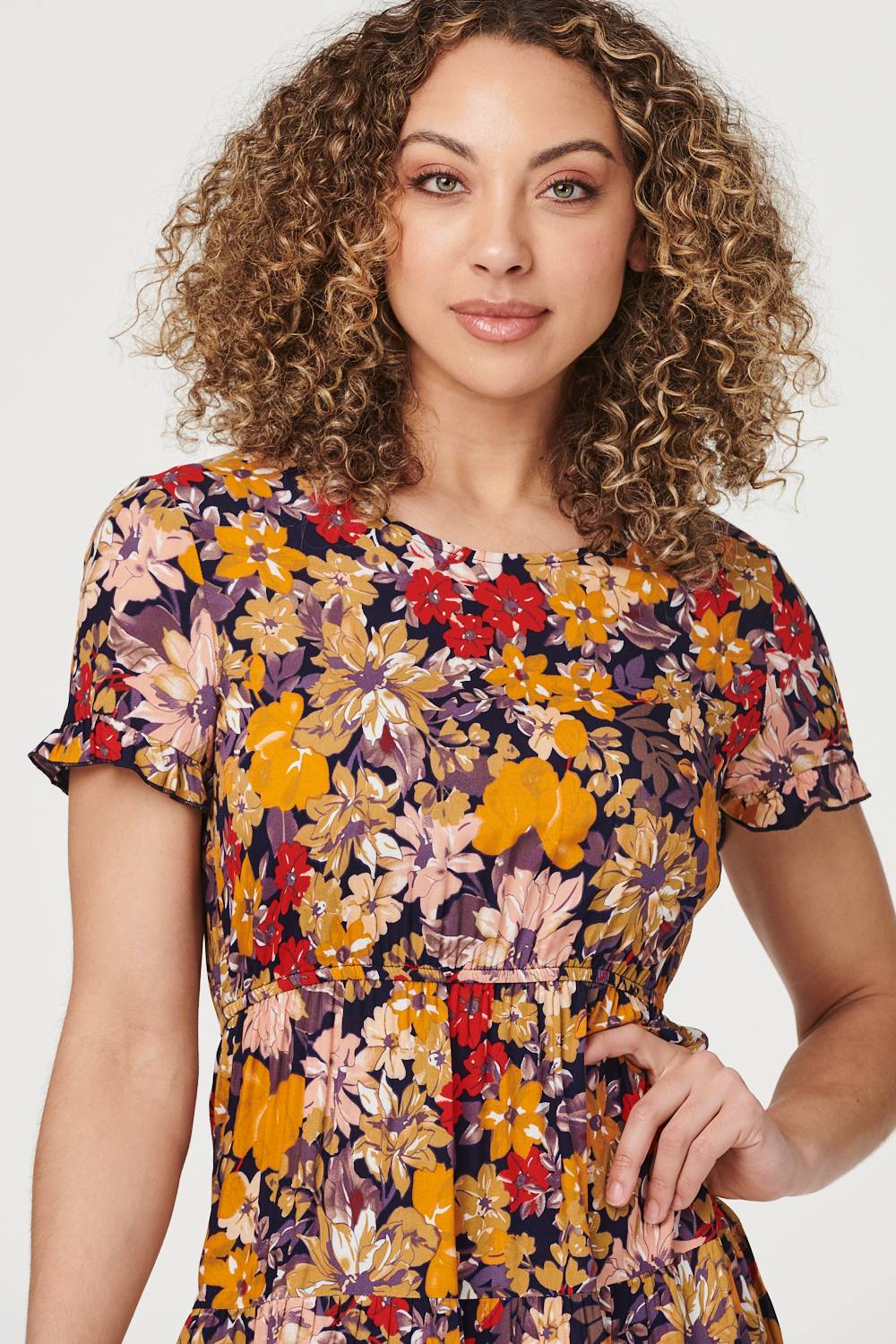 Navy | Retro Floral Short Sleeve Tea Dress