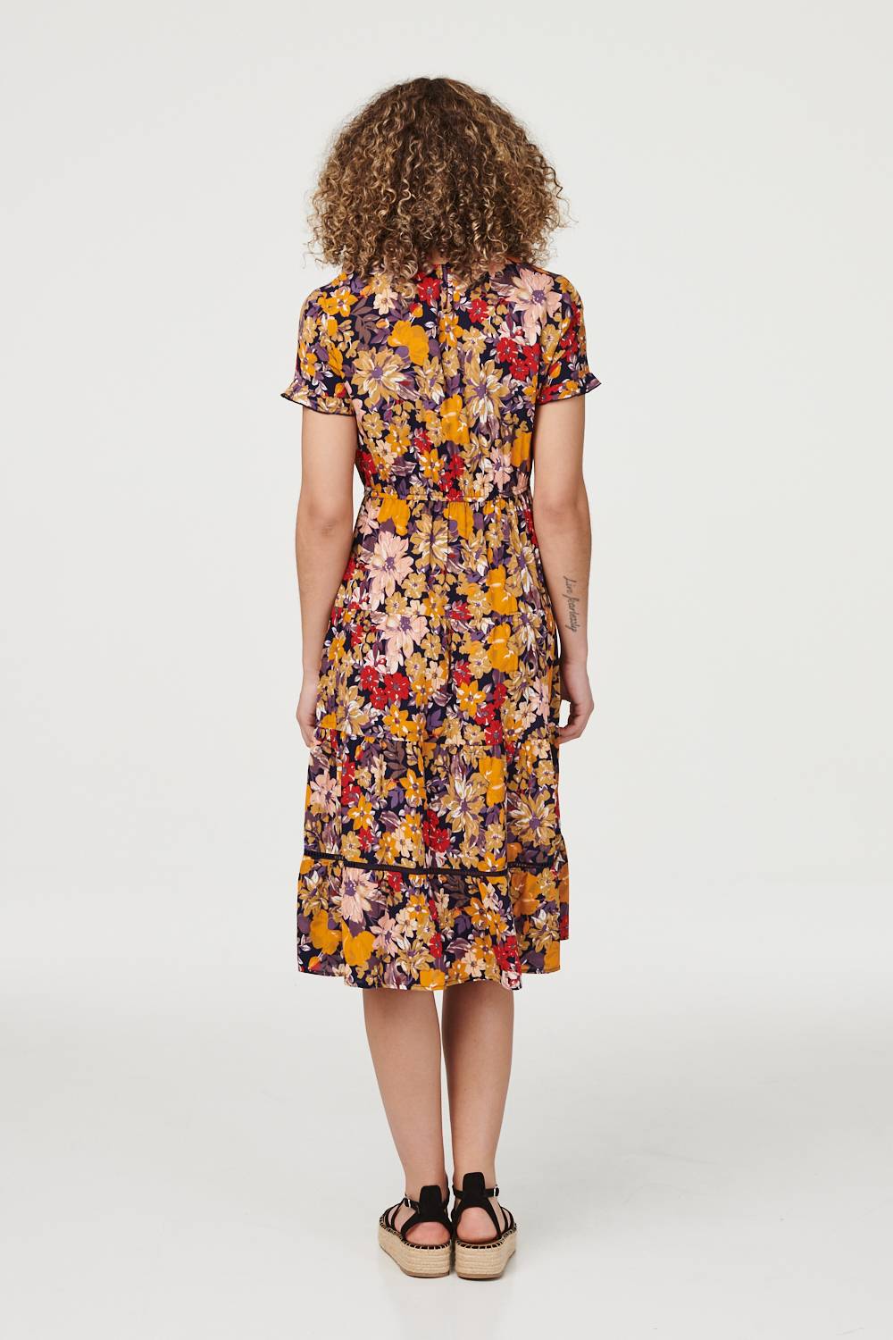 Navy | Retro Floral Short Sleeve Tea Dress