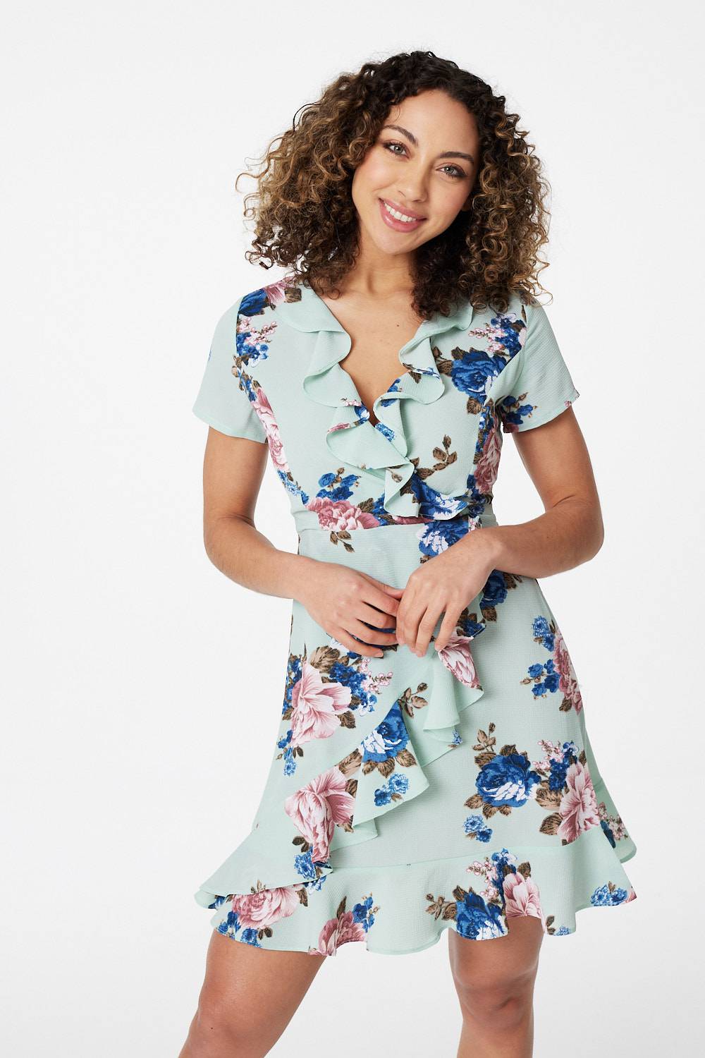 Green | Floral Short Sleeve Wrap Dress