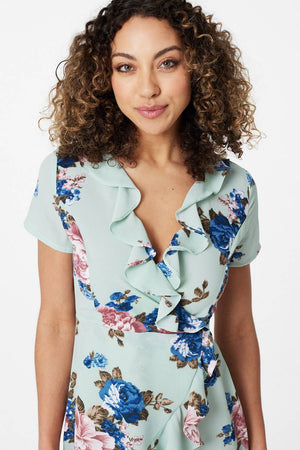 Green | Floral Short Sleeve Wrap Dress