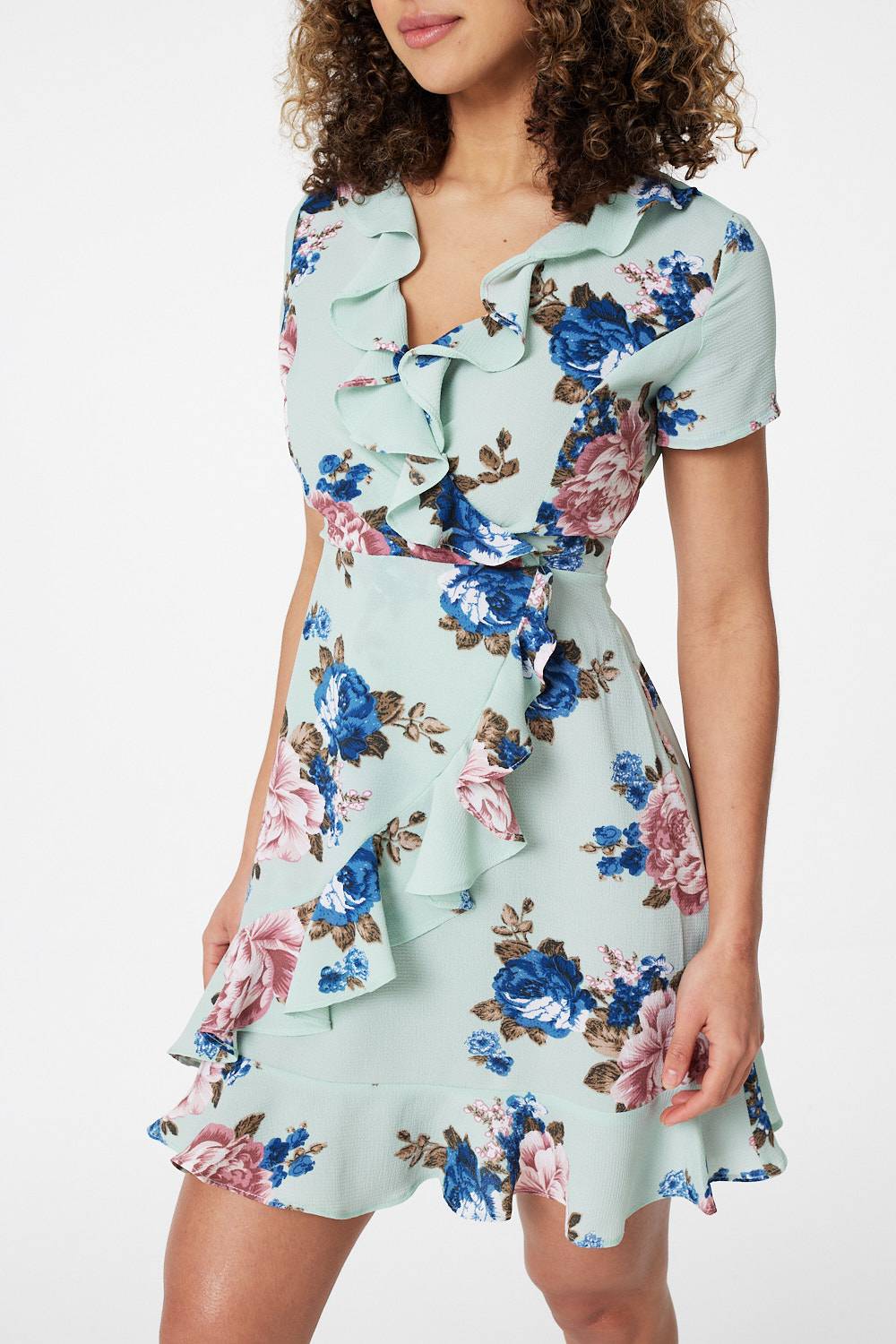 Green | Floral Short Sleeve Wrap Dress