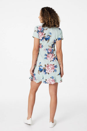 Green | Floral Short Sleeve Wrap Dress
