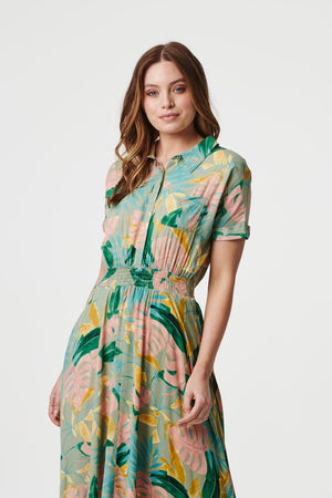 Green | Tropical Print Short Sleeve Shirt Dress