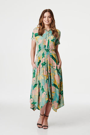 Green | Tropical Print Short Sleeve Shirt Dress
