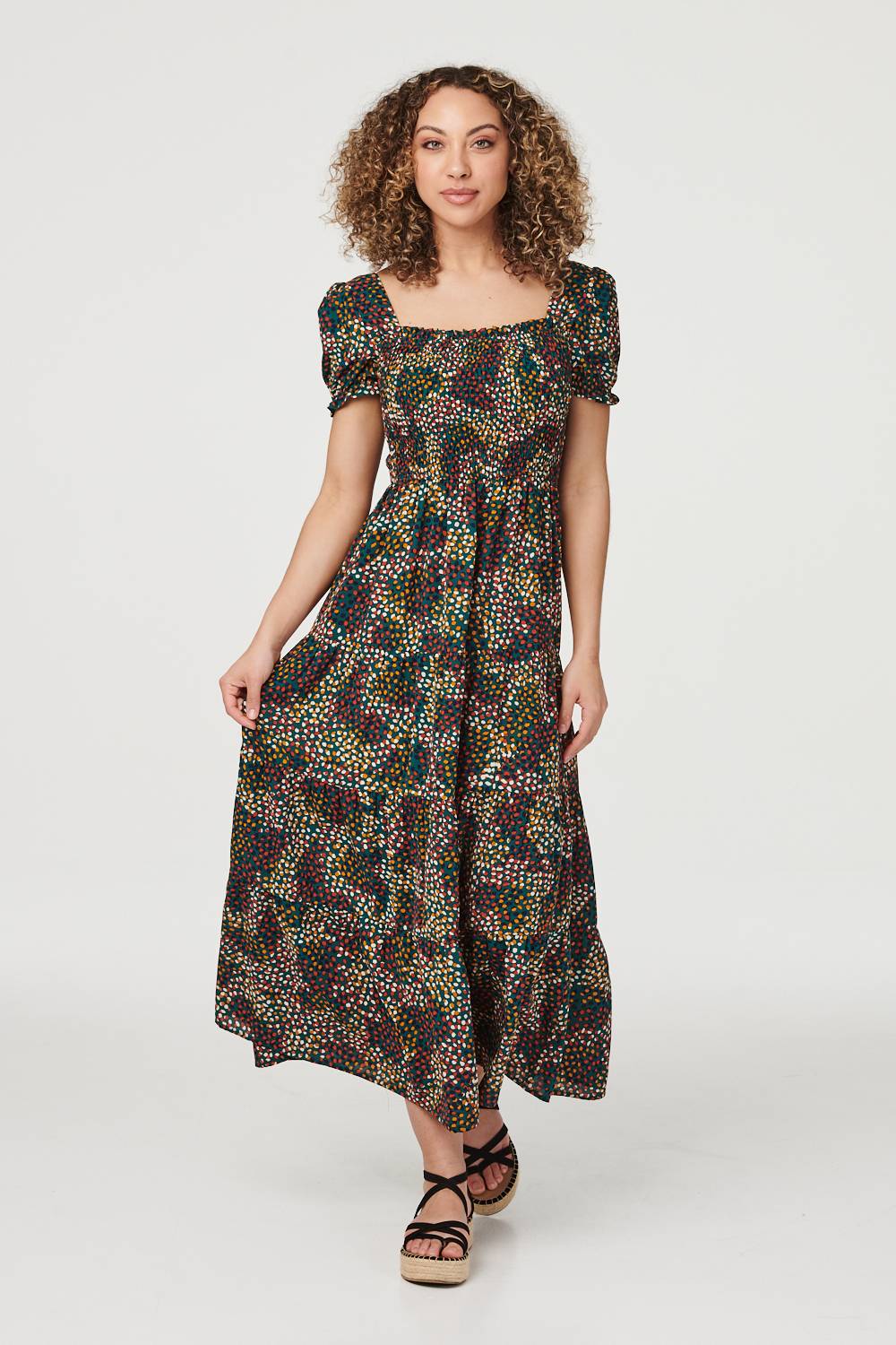 Green | Ditsy Print Puff Sleeve Midi Dress