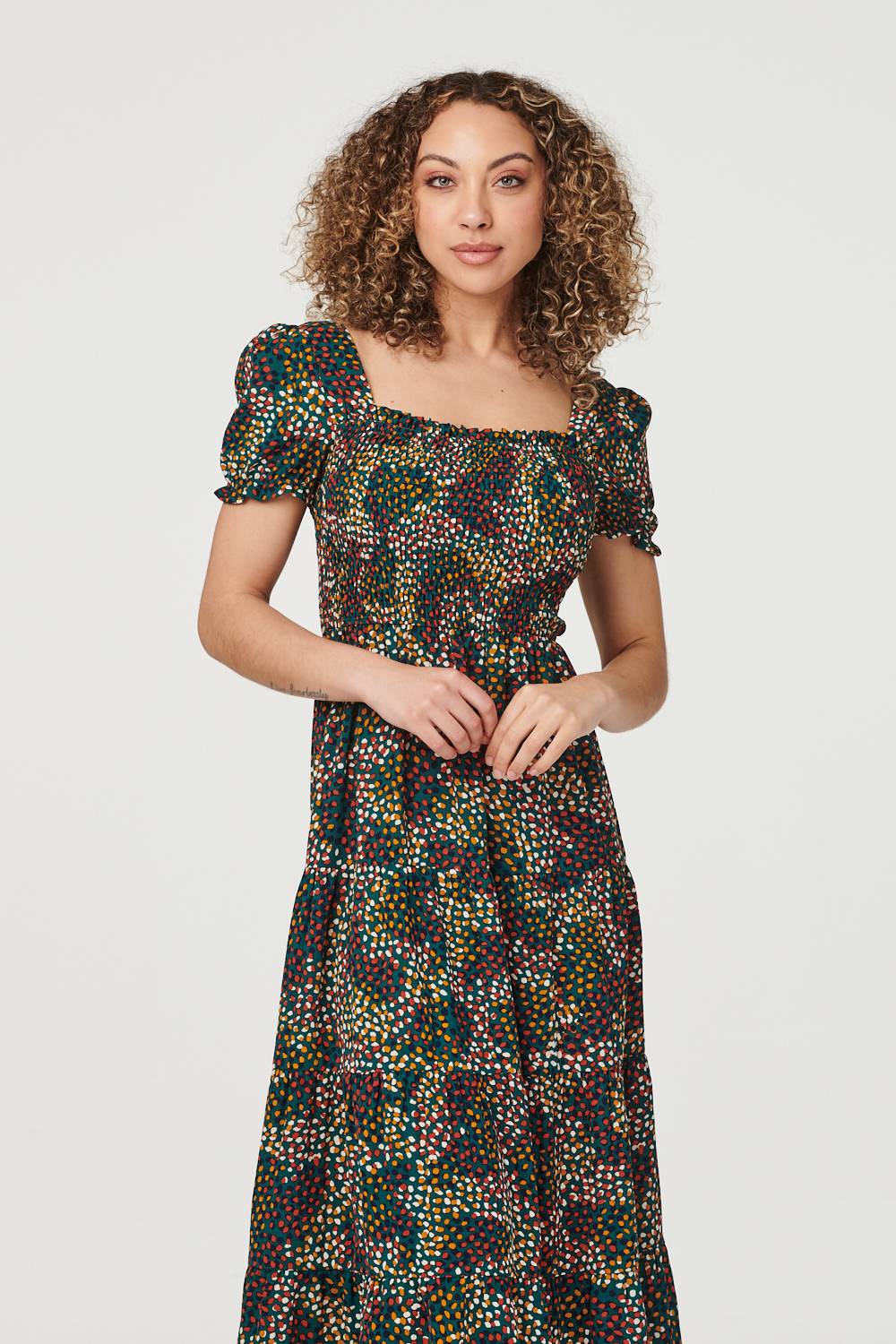 Green | Ditsy Print Puff Sleeve Midi Dress