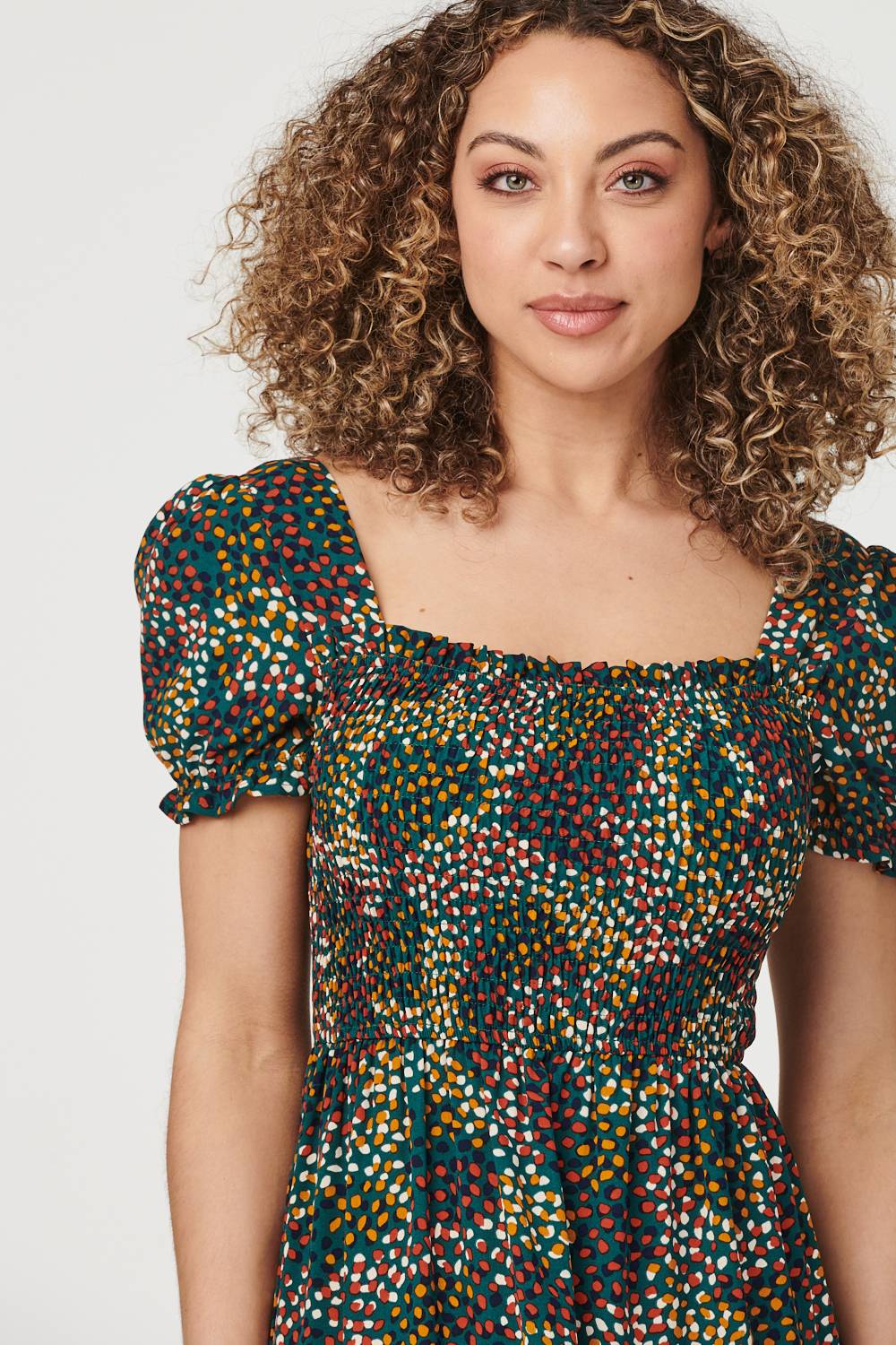 Green | Ditsy Print Puff Sleeve Midi Dress