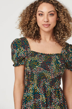 Green | Ditsy Print Puff Sleeve Midi Dress